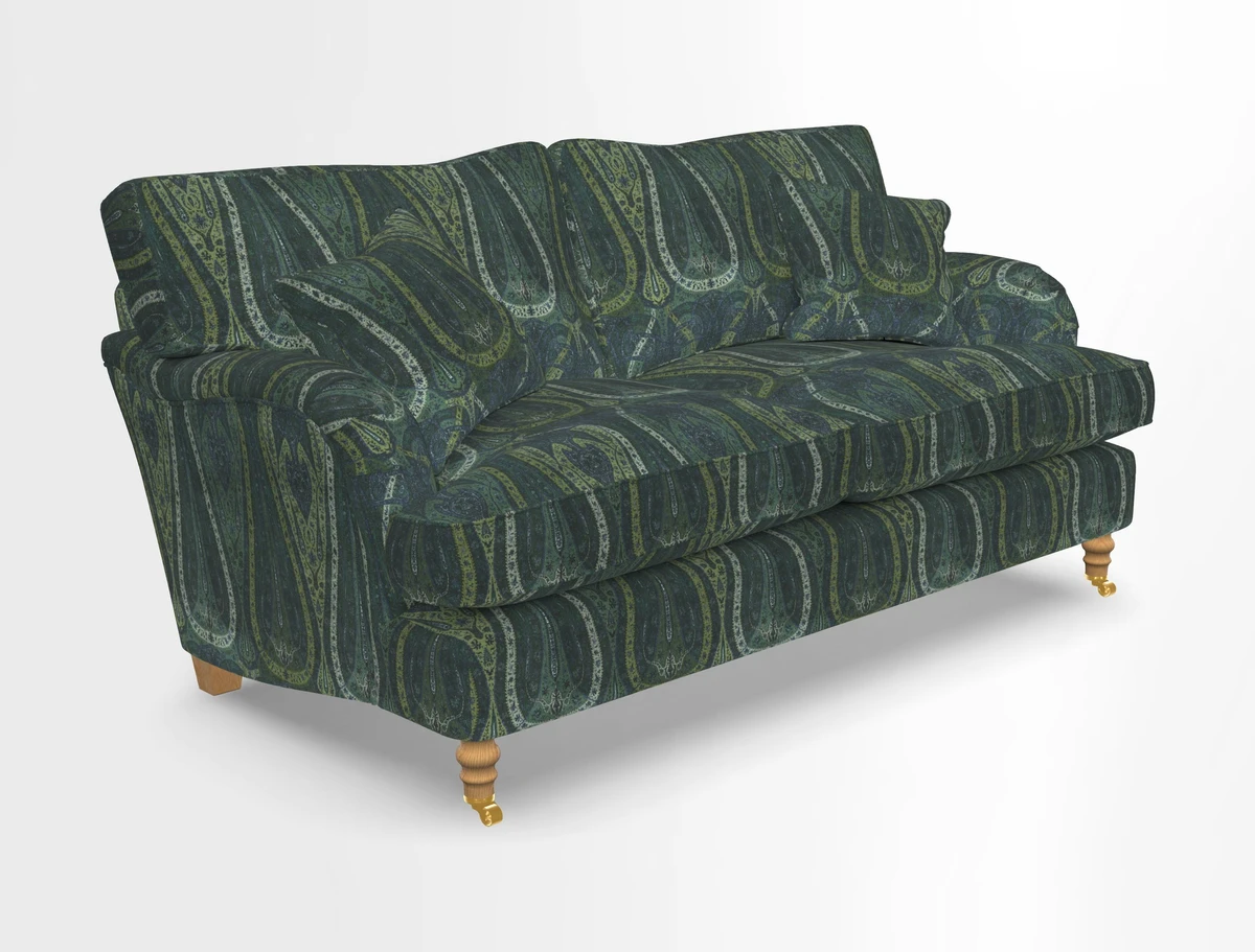 Alwinton 3 seater sofa in Ettas Stripe Moss with bolster cushion in Almost Plain Velvet Harvest