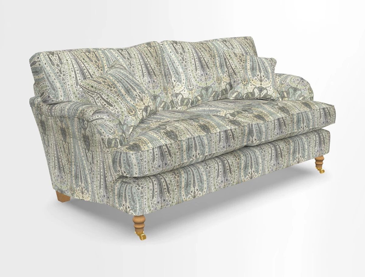 Alwinton 3 seater sofa in Ettas Stripe Moss with bolster cushion in Almost Plain Velvet Harvest
