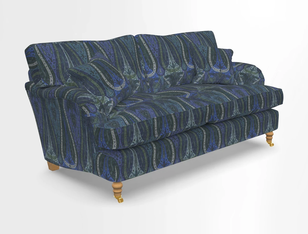 Alwinton 3 seater sofa in Ettas Stripe Moss with bolster cushion in Almost Plain Velvet Harvest