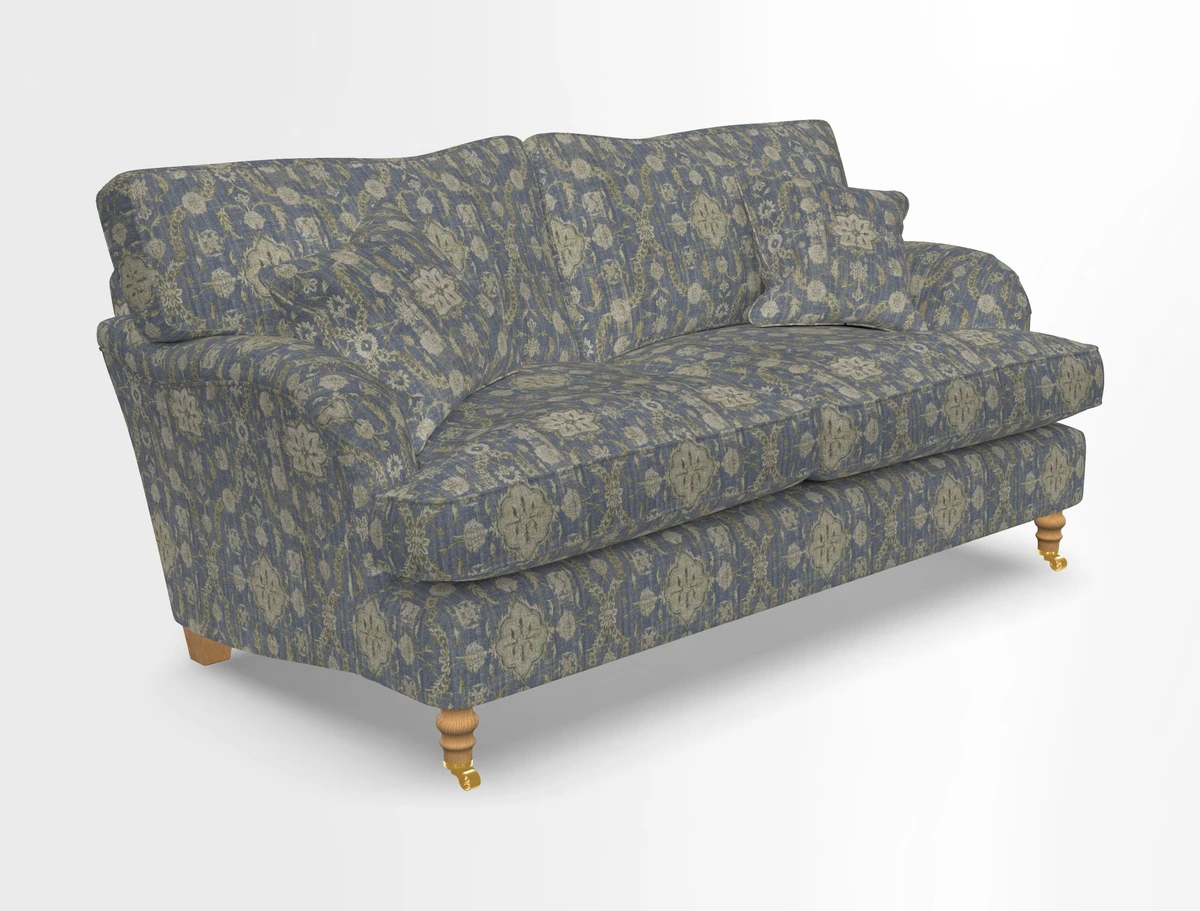 Alwinton 3 seater sofa in Ettas Stripe Moss with bolster cushion in Almost Plain Velvet Harvest