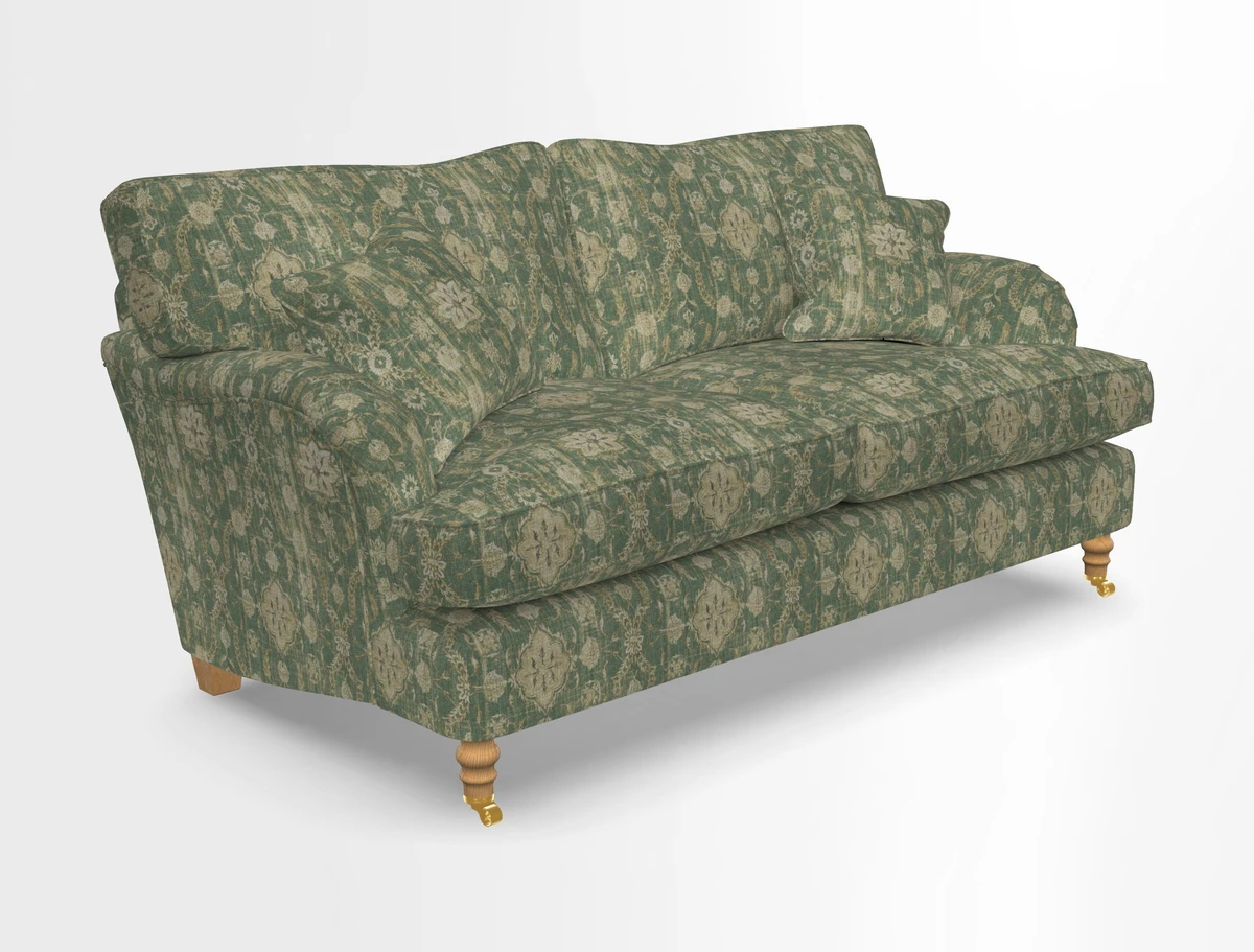 Alwinton 3 seater sofa in Ettas Stripe Moss with bolster cushion in Almost Plain Velvet Harvest