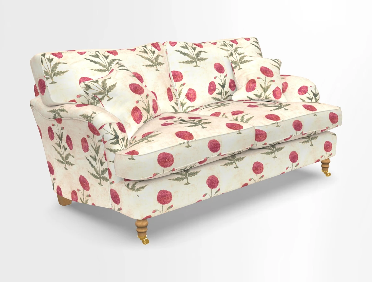 Alwinton 3 seater sofa in Ettas Stripe Moss with bolster cushion in Almost Plain Velvet Harvest