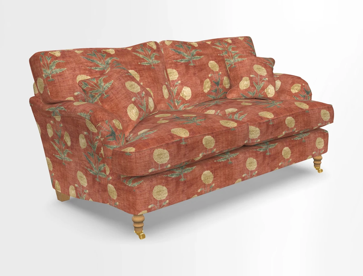 Alwinton 3 seater sofa in Ettas Stripe Moss with bolster cushion in Almost Plain Velvet Harvest