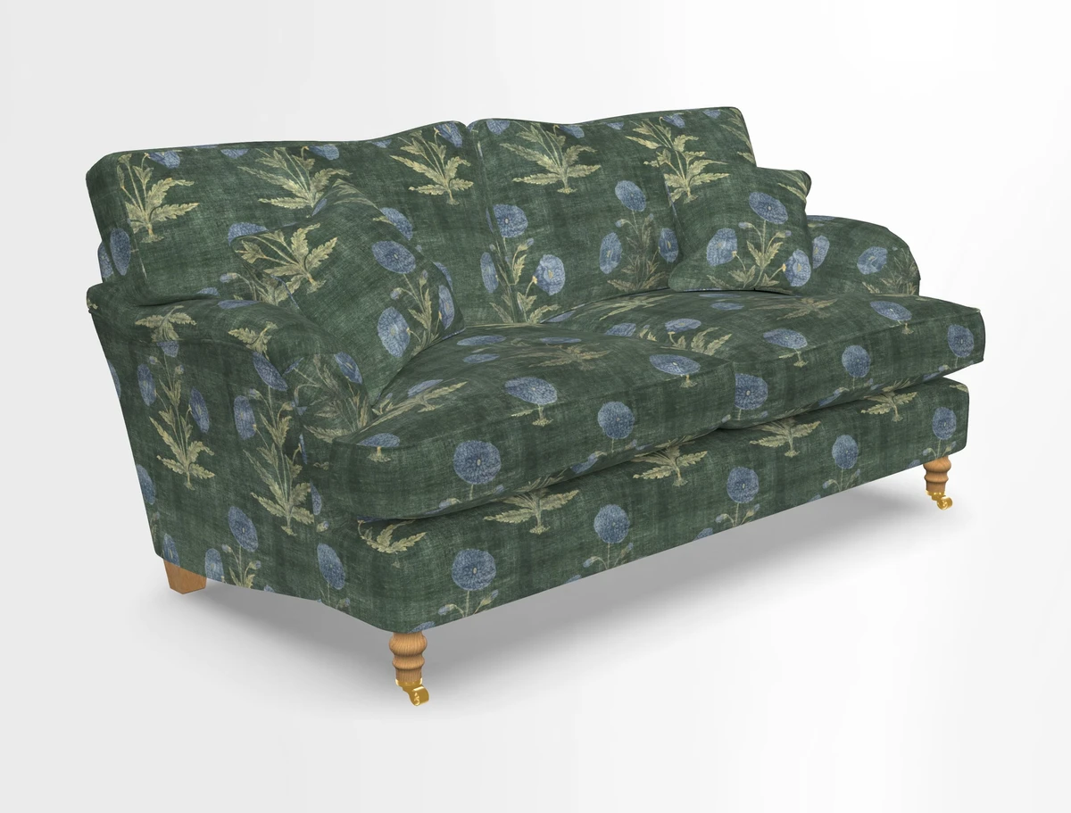 Alwinton 3 seater sofa in Ettas Stripe Moss with bolster cushion in Almost Plain Velvet Harvest