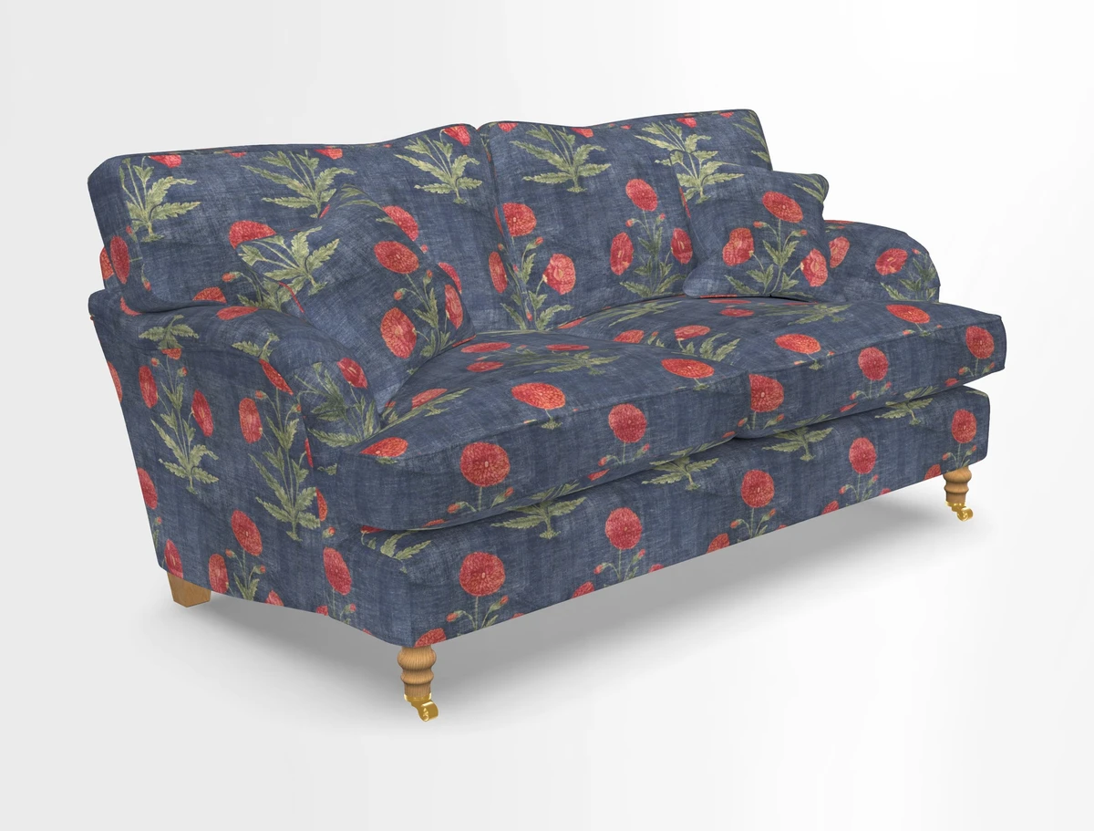 Alwinton 3 seater sofa in Ettas Stripe Moss with bolster cushion in Almost Plain Velvet Harvest