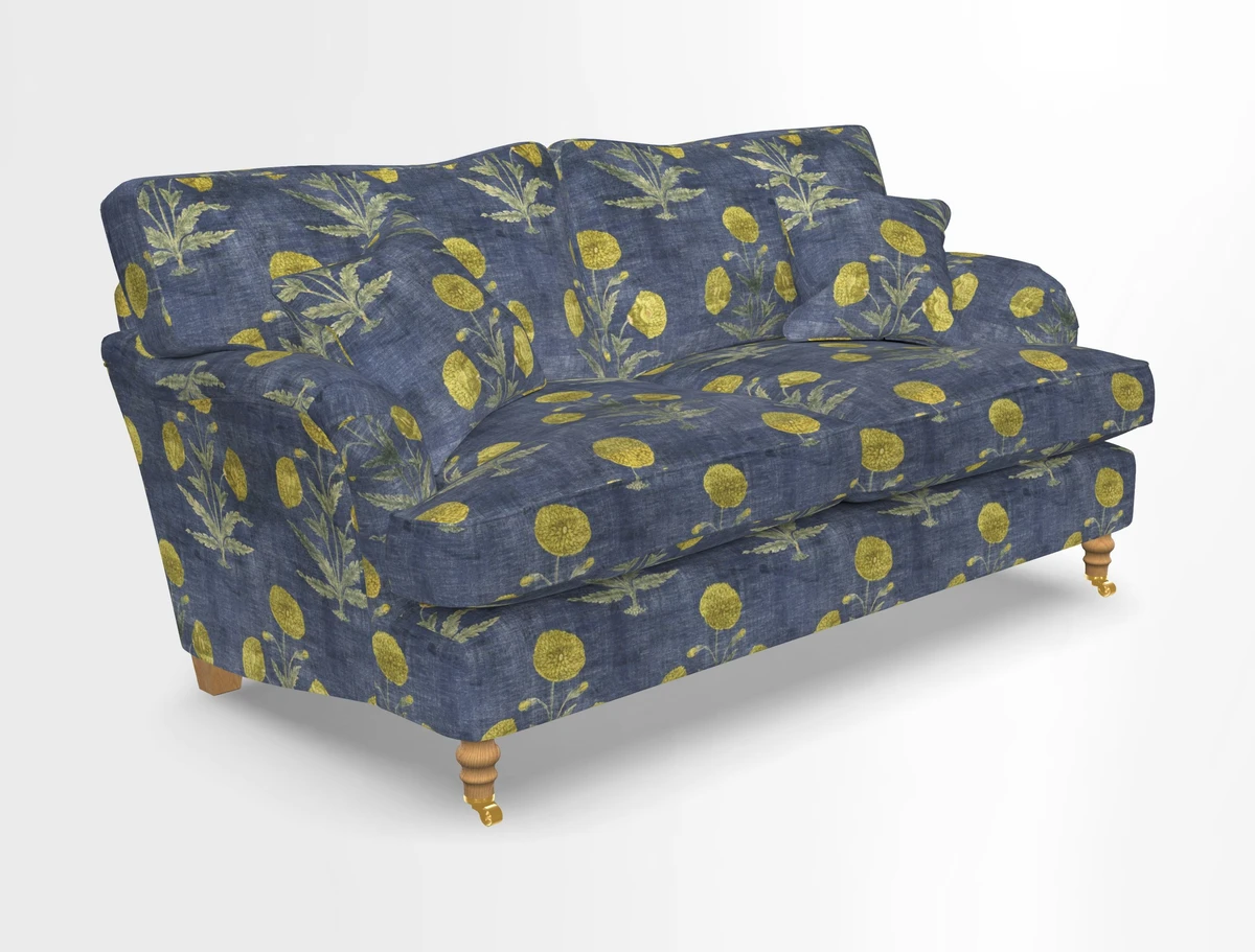 Alwinton 3 seater sofa in Ettas Stripe Moss with bolster cushion in Almost Plain Velvet Harvest