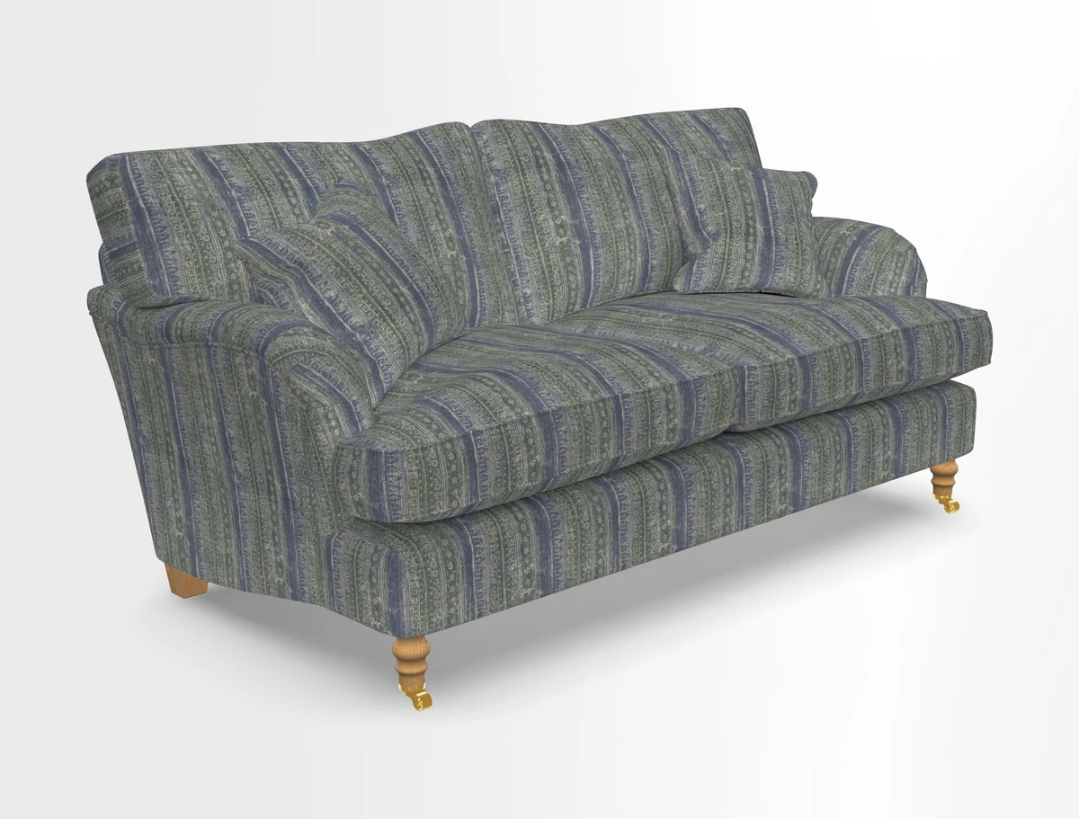 Alwinton 3 seater sofa in Ettas Stripe Moss with bolster cushion in Almost Plain Velvet Harvest