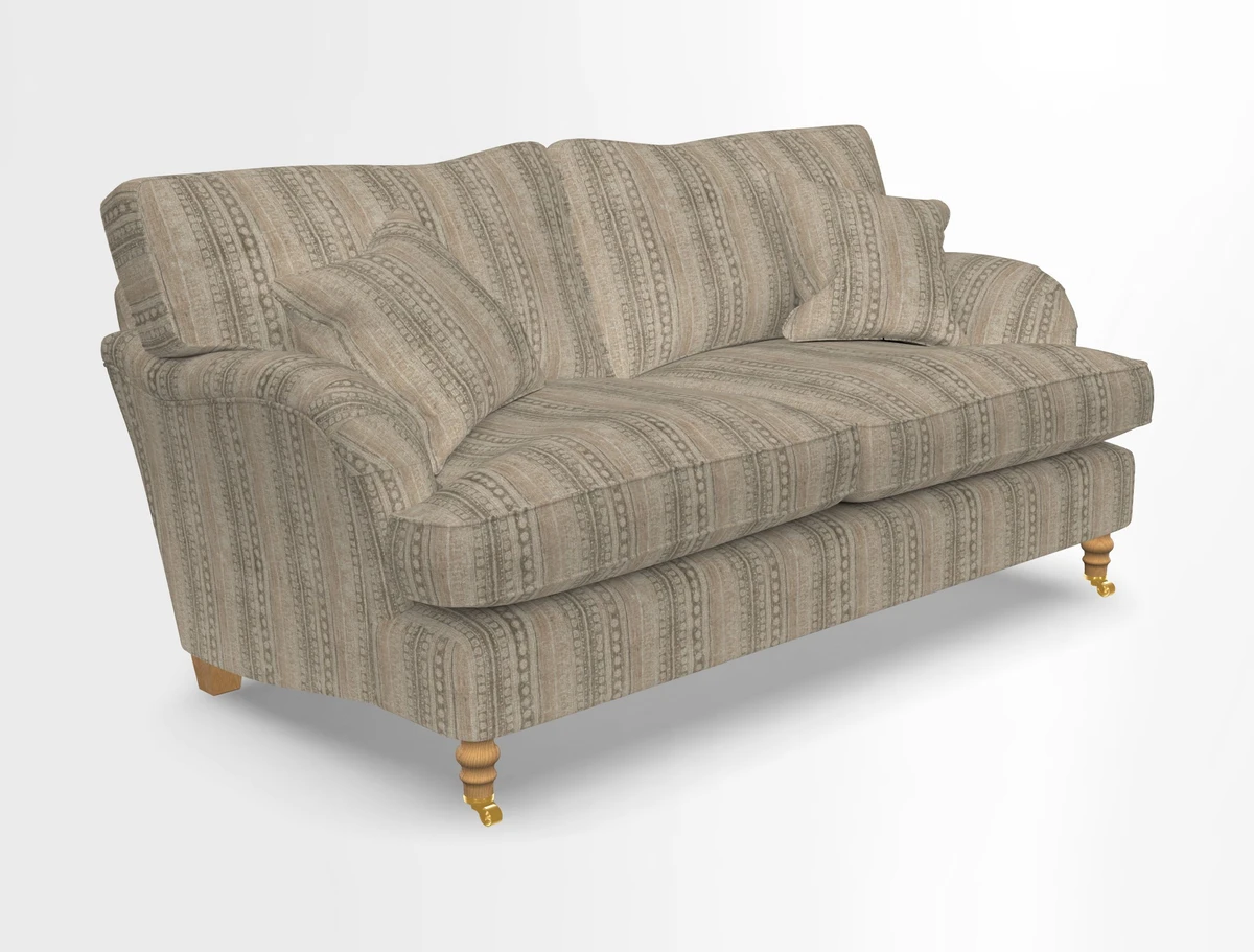 Alwinton 3 seater sofa in Ettas Stripe Moss with bolster cushion in Almost Plain Velvet Harvest
