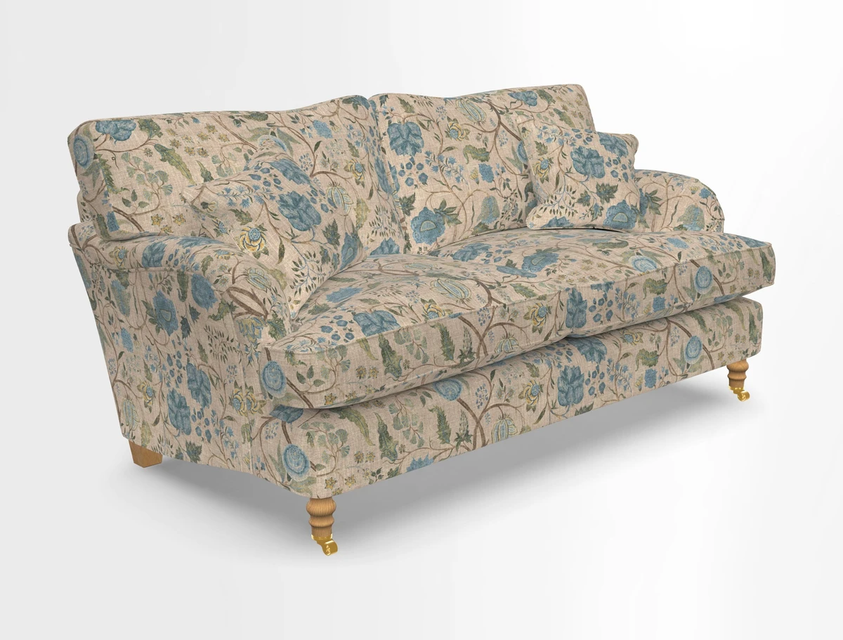 Alwinton 3 seater sofa in Ettas Stripe Moss with bolster cushion in Almost Plain Velvet Harvest