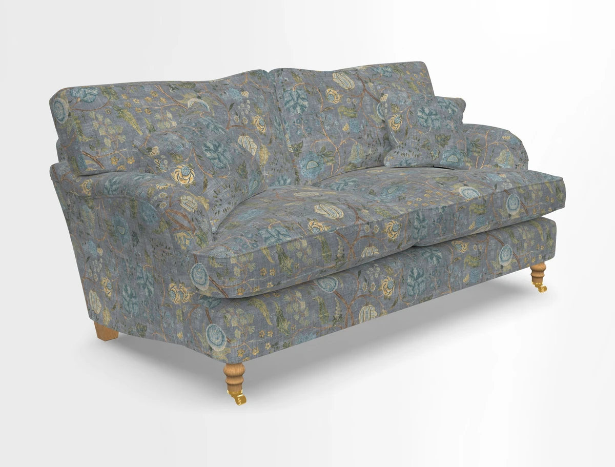 Alwinton 3 seater sofa in Ettas Stripe Moss with bolster cushion in Almost Plain Velvet Harvest