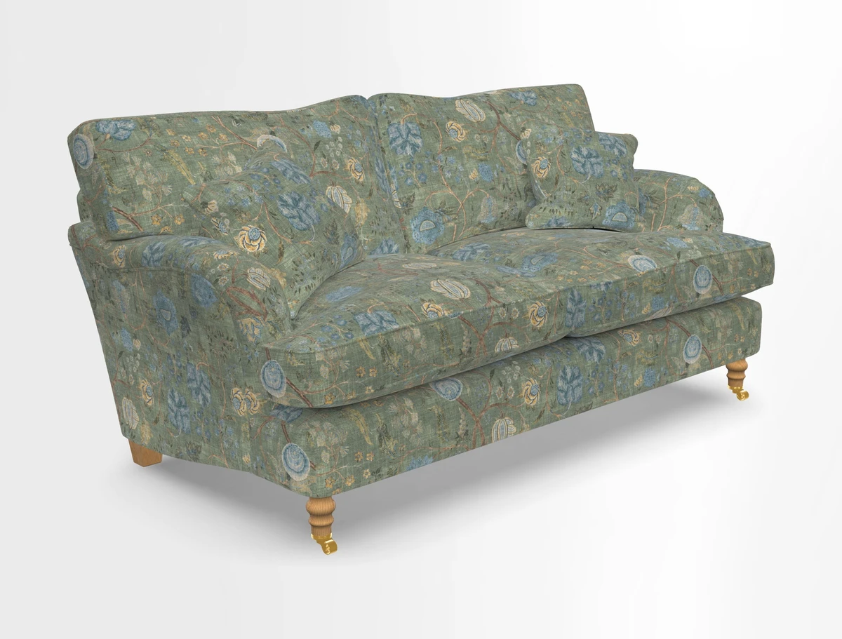 Alwinton 3 seater sofa in Ettas Stripe Moss with bolster cushion in Almost Plain Velvet Harvest