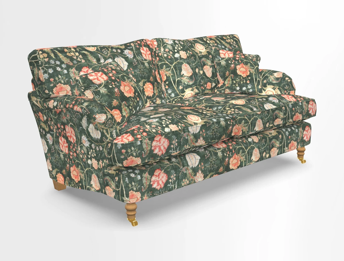 Alwinton 3 seater sofa in Ettas Stripe Moss with bolster cushion in Almost Plain Velvet Harvest