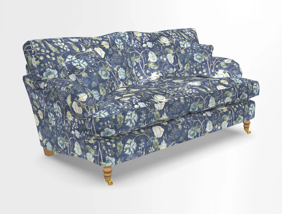 Alwinton 3 seater sofa in Ettas Stripe Moss with bolster cushion in Almost Plain Velvet Harvest