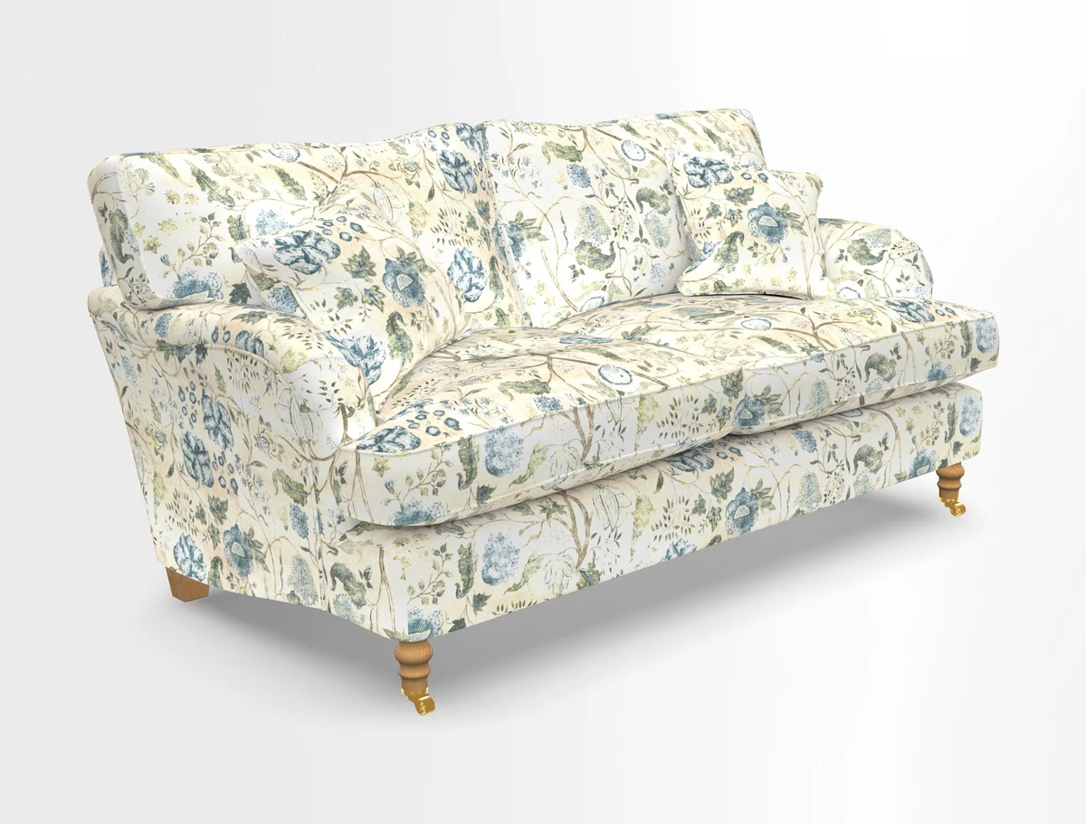 Alwinton 3 seater sofa in Ettas Stripe Moss with bolster cushion in Almost Plain Velvet Harvest