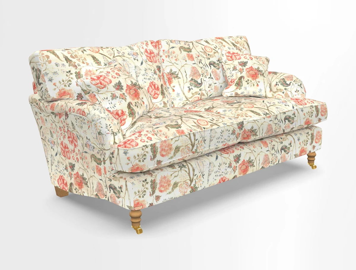 Alwinton 3 seater sofa in Ettas Stripe Moss with bolster cushion in Almost Plain Velvet Harvest