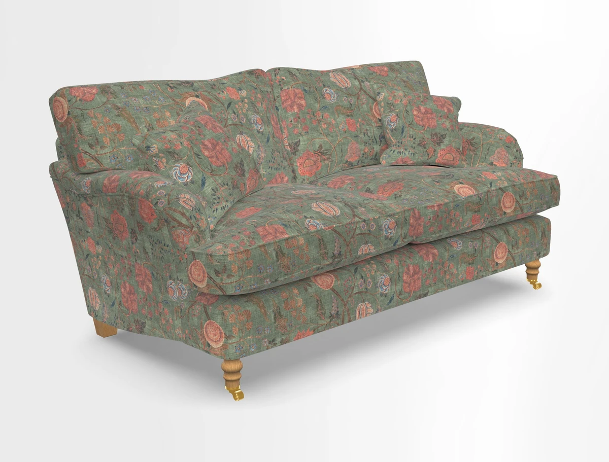 Alwinton 3 seater sofa in Ettas Stripe Moss with bolster cushion in Almost Plain Velvet Harvest