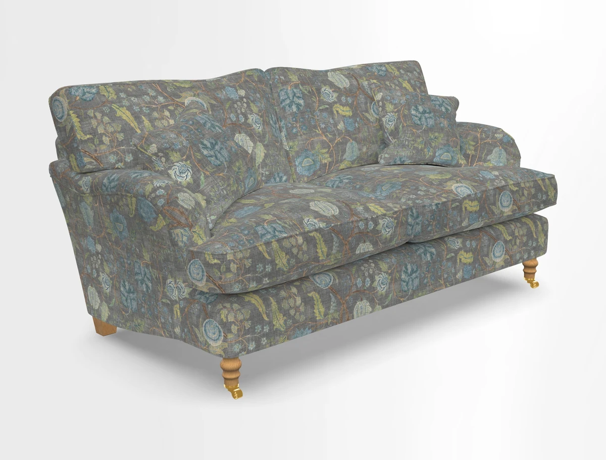 Alwinton 3 seater sofa in Ettas Stripe Moss with bolster cushion in Almost Plain Velvet Harvest