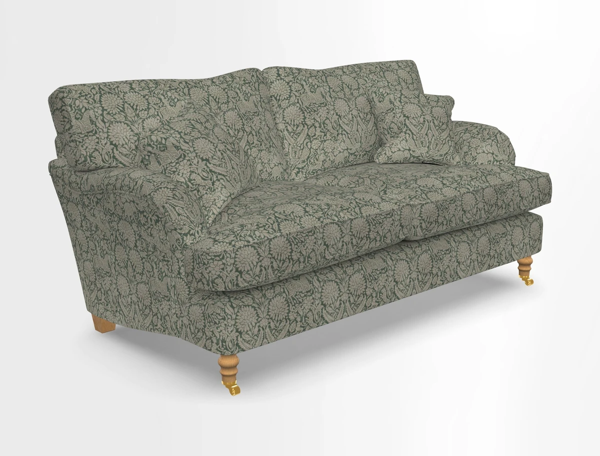 Alwinton 3 seater sofa in Ettas Stripe Moss with bolster cushion in Almost Plain Velvet Harvest