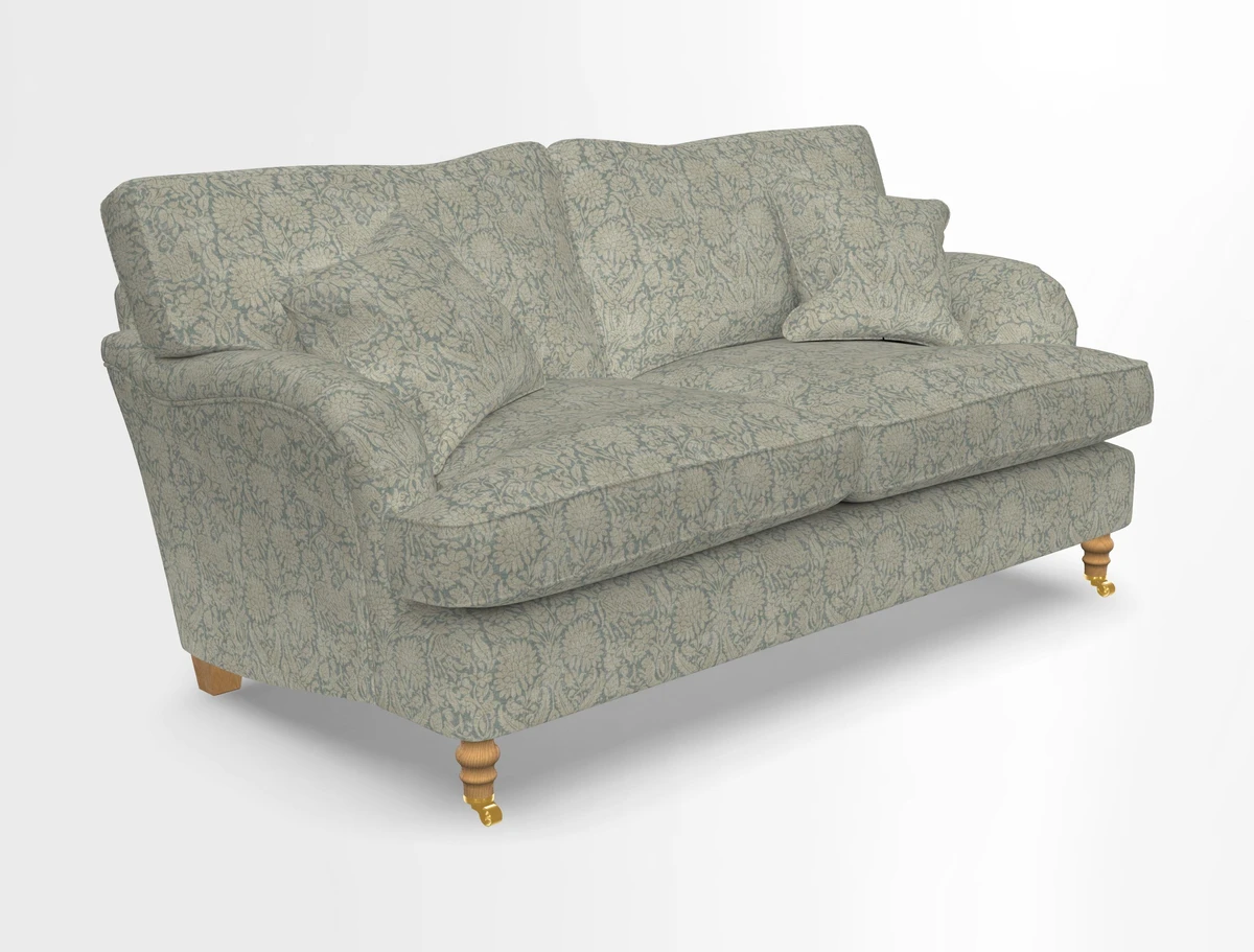 Alwinton 3 seater sofa in Ettas Stripe Moss with bolster cushion in Almost Plain Velvet Harvest