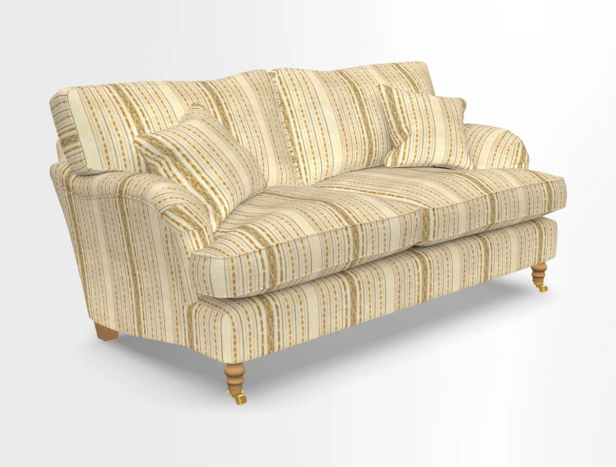 Alwinton 3 seater sofa in Ettas Stripe Moss with bolster cushion in Almost Plain Velvet Harvest