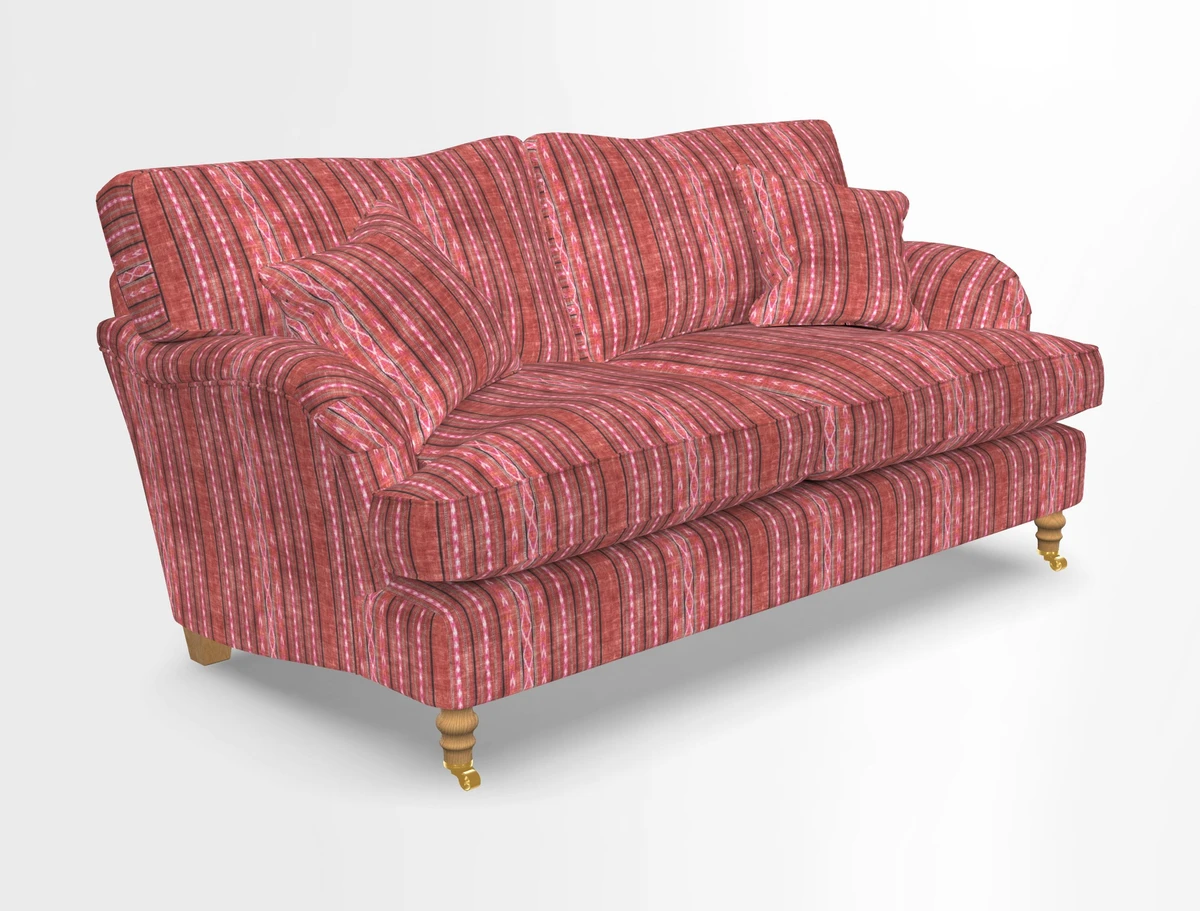Alwinton 3 seater sofa in Ettas Stripe Moss with bolster cushion in Almost Plain Velvet Harvest