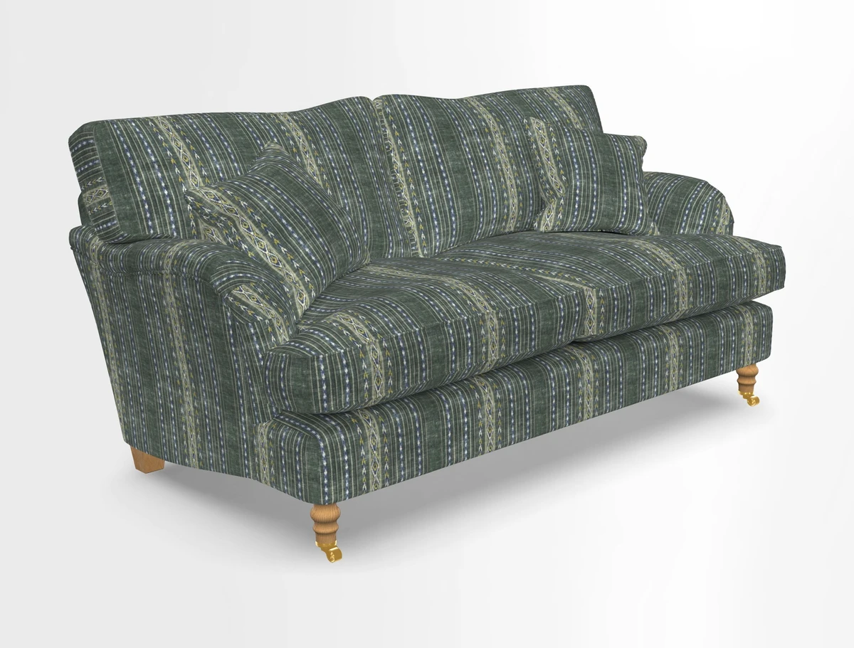 Alwinton 3 seater sofa in Ettas Stripe Moss with bolster cushion in Almost Plain Velvet Harvest