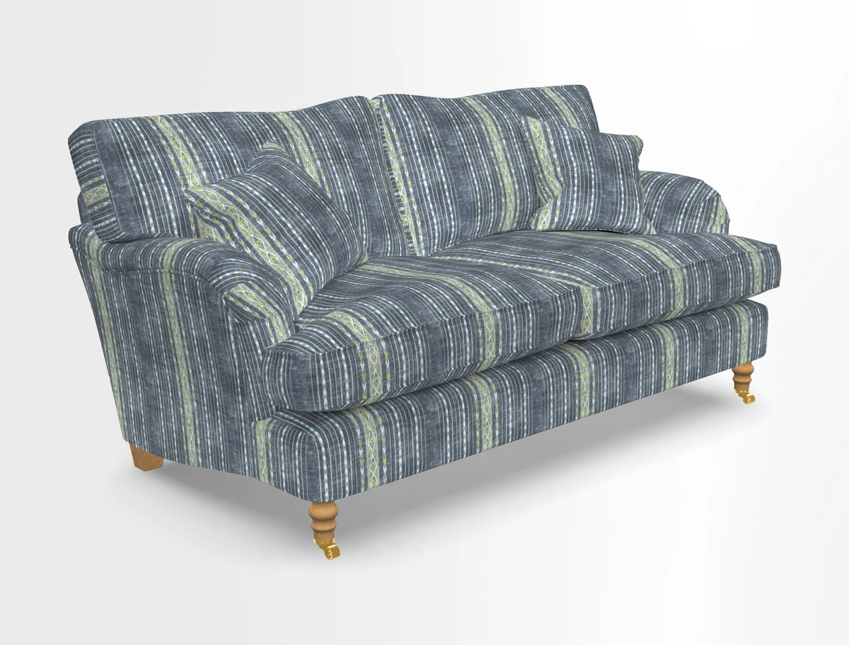 Alwinton 3 seater sofa in Ettas Stripe Moss with bolster cushion in Almost Plain Velvet Harvest