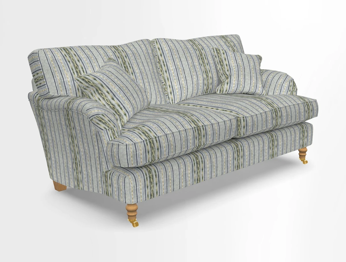 Alwinton 3 seater sofa in Ettas Stripe Moss with bolster cushion in Almost Plain Velvet Harvest