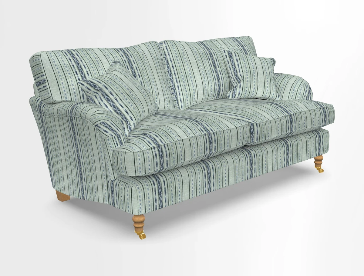 Alwinton 3 seater sofa in Ettas Stripe Moss with bolster cushion in Almost Plain Velvet Harvest