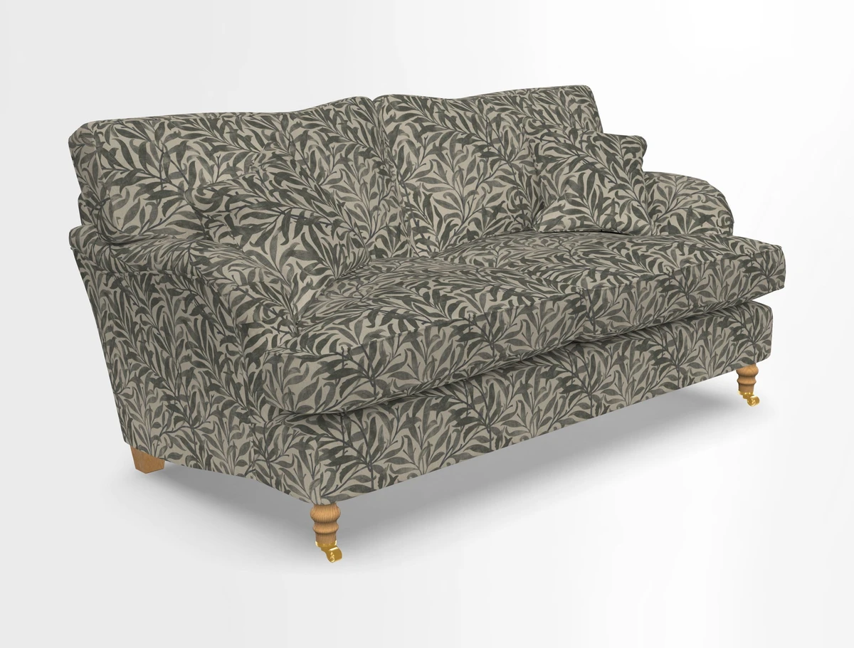 Alwinton 3 seater sofa in Ettas Stripe Moss with bolster cushion in Almost Plain Velvet Harvest