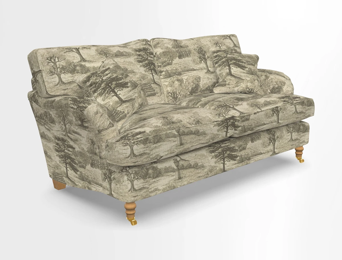 Alwinton 3 seater sofa in Ettas Stripe Moss with bolster cushion in Almost Plain Velvet Harvest