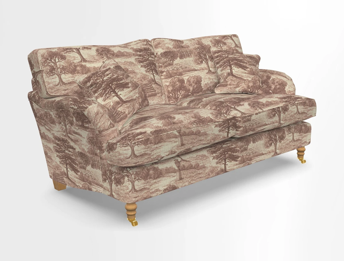 Alwinton 3 seater sofa in Ettas Stripe Moss with bolster cushion in Almost Plain Velvet Harvest