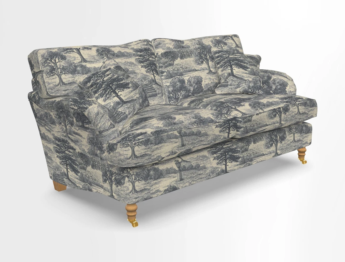 Alwinton 3 seater sofa in Ettas Stripe Moss with bolster cushion in Almost Plain Velvet Harvest