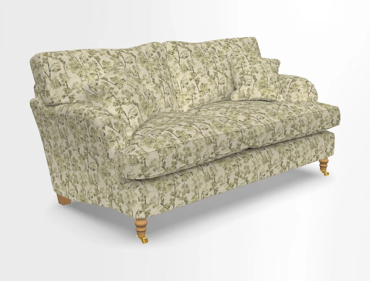 Alwinton 3 seater sofa in Ettas Stripe Moss with bolster cushion in Almost Plain Velvet Harvest