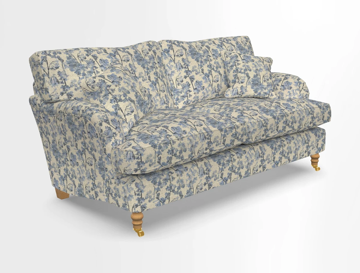 Alwinton 3 seater sofa in Ettas Stripe Moss with bolster cushion in Almost Plain Velvet Harvest