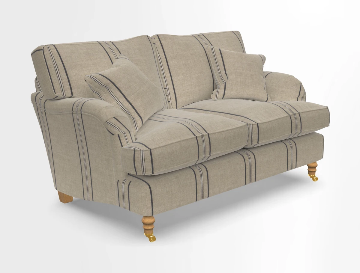 Alwinton 3 seater sofa in Ettas Stripe Moss with bolster cushion in Almost Plain Velvet Harvest