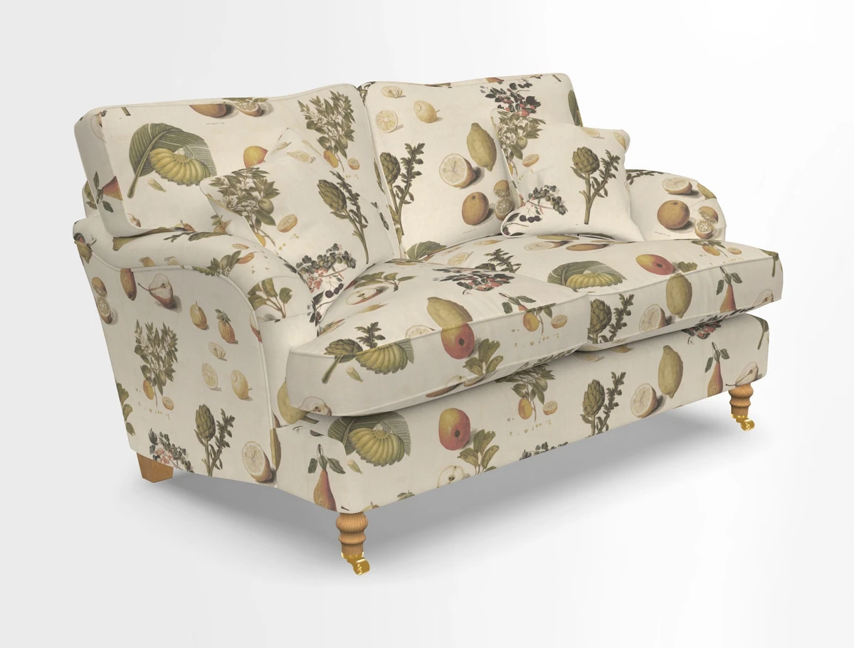 Alwinton 3 seater sofa in Ettas Stripe Moss with bolster cushion in Almost Plain Velvet Harvest