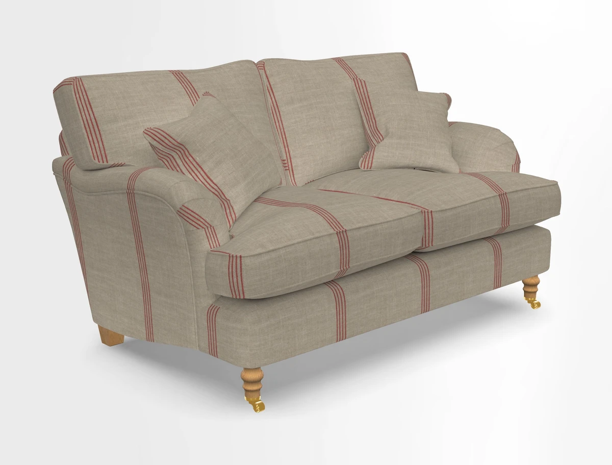 Alwinton 3 seater sofa in Ettas Stripe Moss with bolster cushion in Almost Plain Velvet Harvest