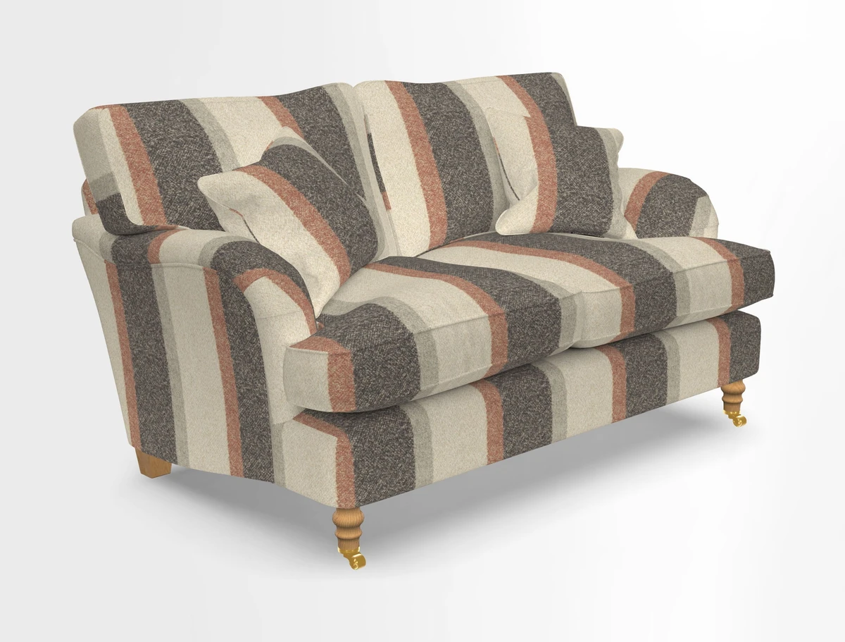 Alwinton 3 seater sofa in Ettas Stripe Moss with bolster cushion in Almost Plain Velvet Harvest