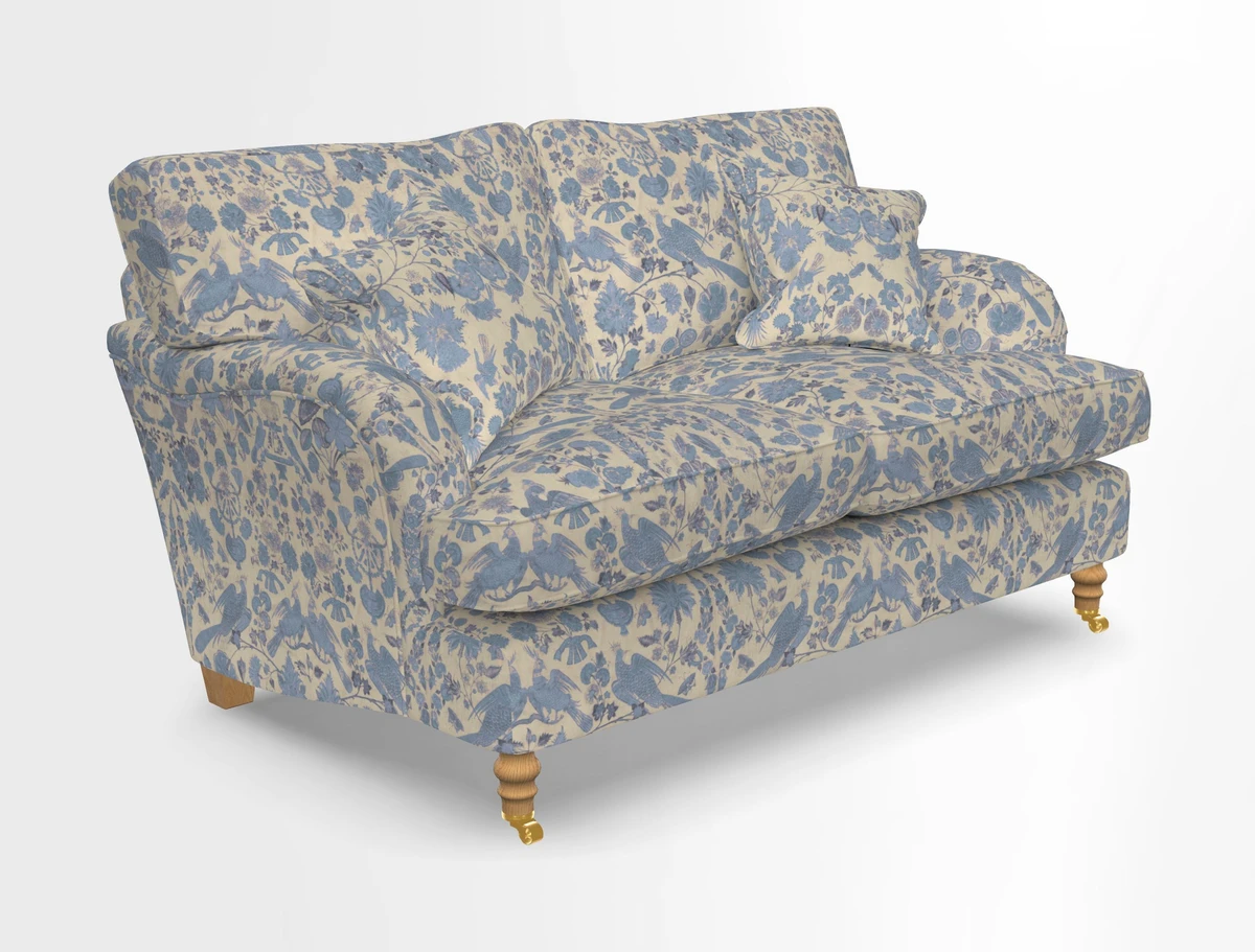 Alwinton 3 seater sofa in Ettas Stripe Moss with bolster cushion in Almost Plain Velvet Harvest