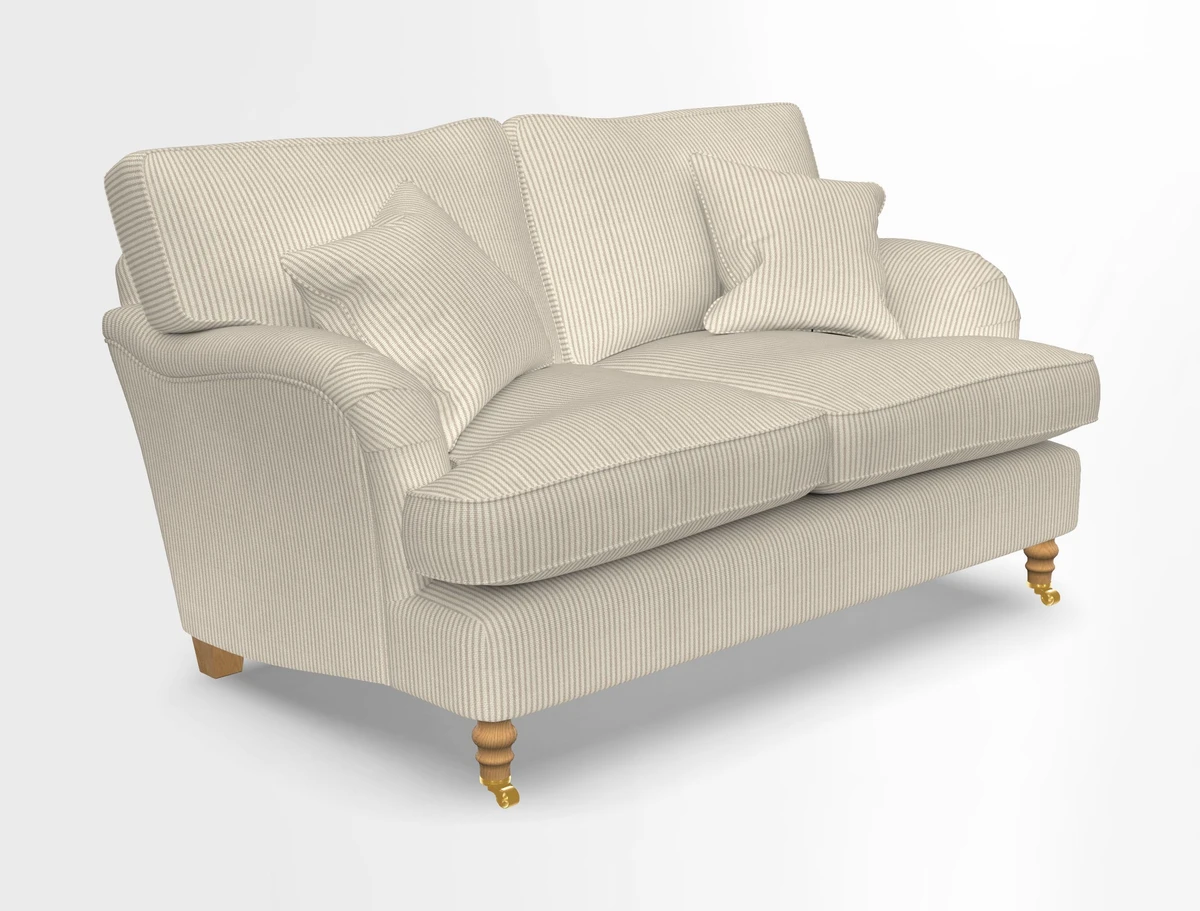 Alwinton 3 seater sofa in Ettas Stripe Moss with bolster cushion in Almost Plain Velvet Harvest