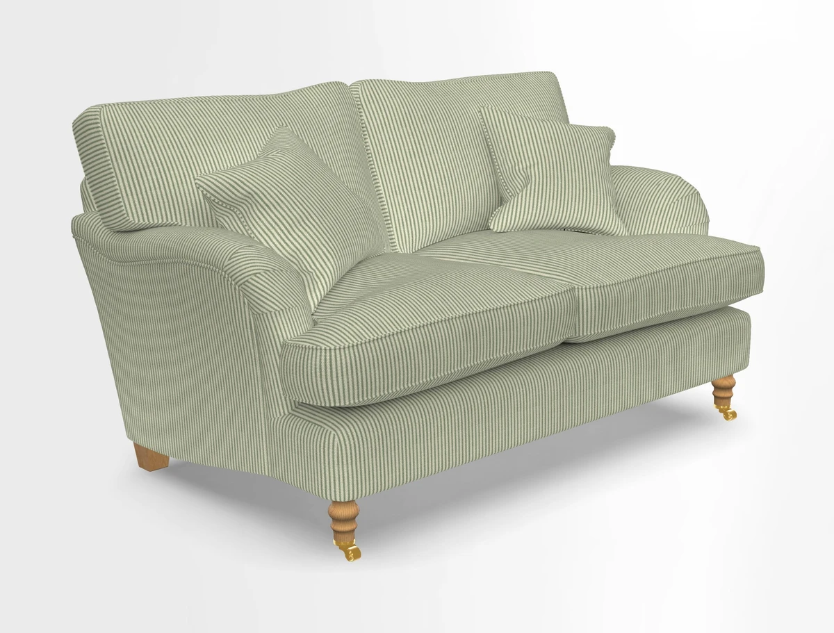 Alwinton 3 seater sofa in Ettas Stripe Moss with bolster cushion in Almost Plain Velvet Harvest