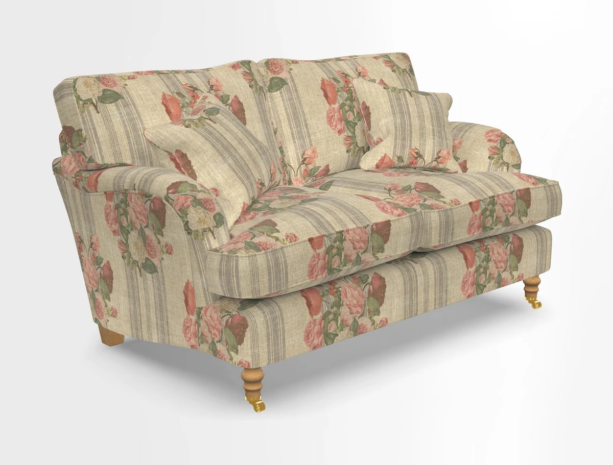 Alwinton 3 seater sofa in Ettas Stripe Moss with bolster cushion in Almost Plain Velvet Harvest