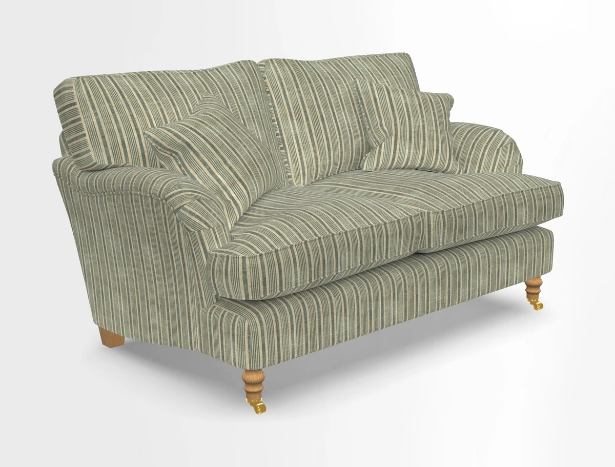 Alwinton 3 seater sofa in Ettas Stripe Moss with bolster cushion in Almost Plain Velvet Harvest