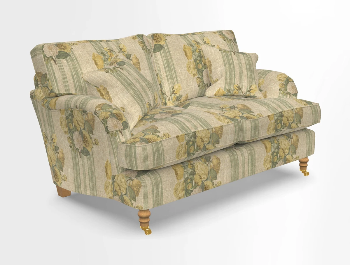Alwinton 3 seater sofa in Ettas Stripe Moss with bolster cushion in Almost Plain Velvet Harvest