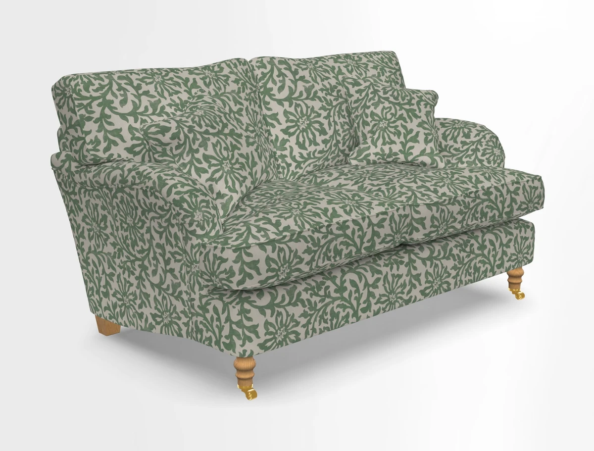Alwinton 3 seater sofa in Ettas Stripe Moss with bolster cushion in Almost Plain Velvet Harvest