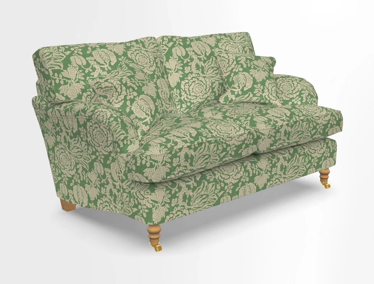 Alwinton 3 seater sofa in Ettas Stripe Moss with bolster cushion in Almost Plain Velvet Harvest