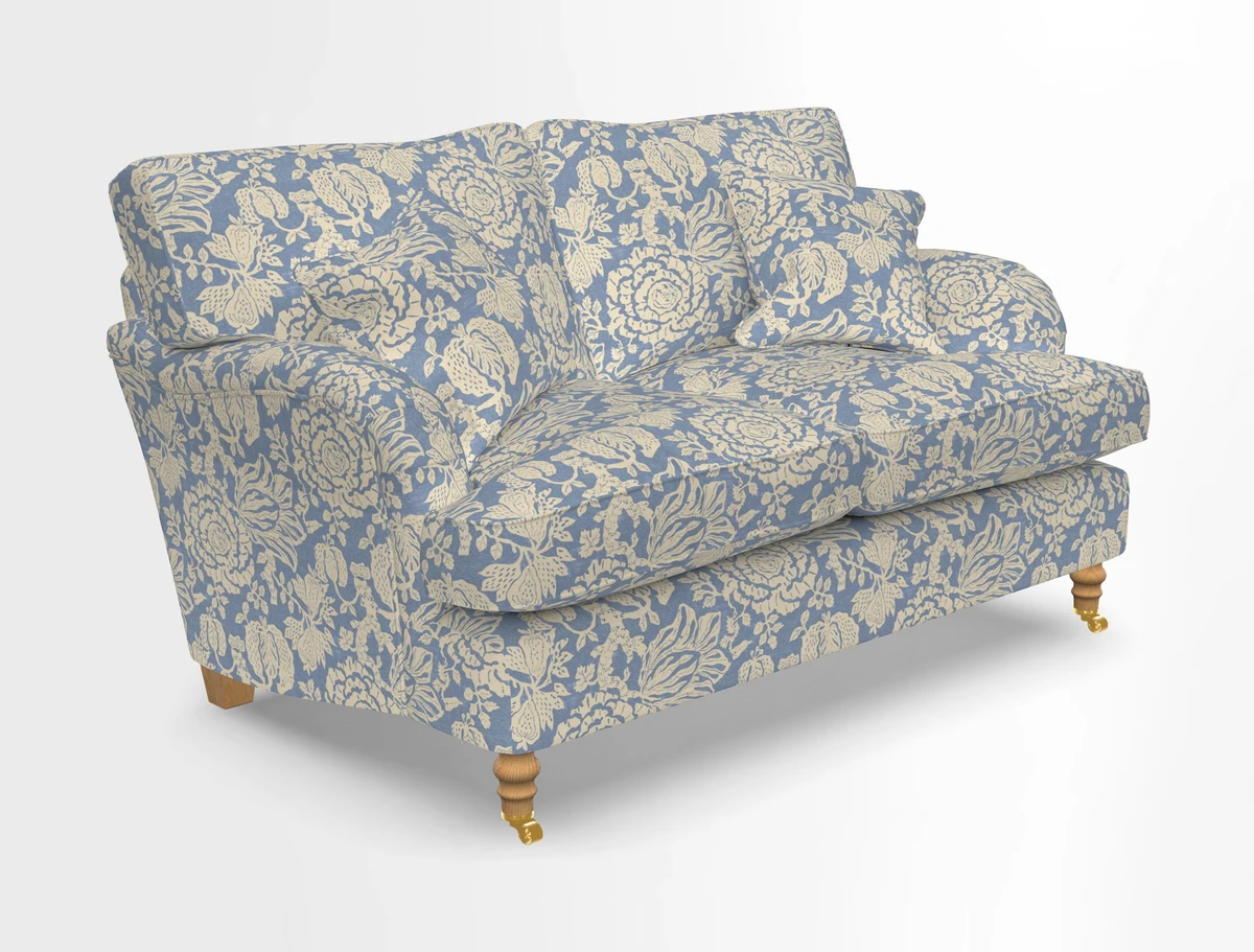 Alwinton 3 seater sofa in Ettas Stripe Moss with bolster cushion in Almost Plain Velvet Harvest