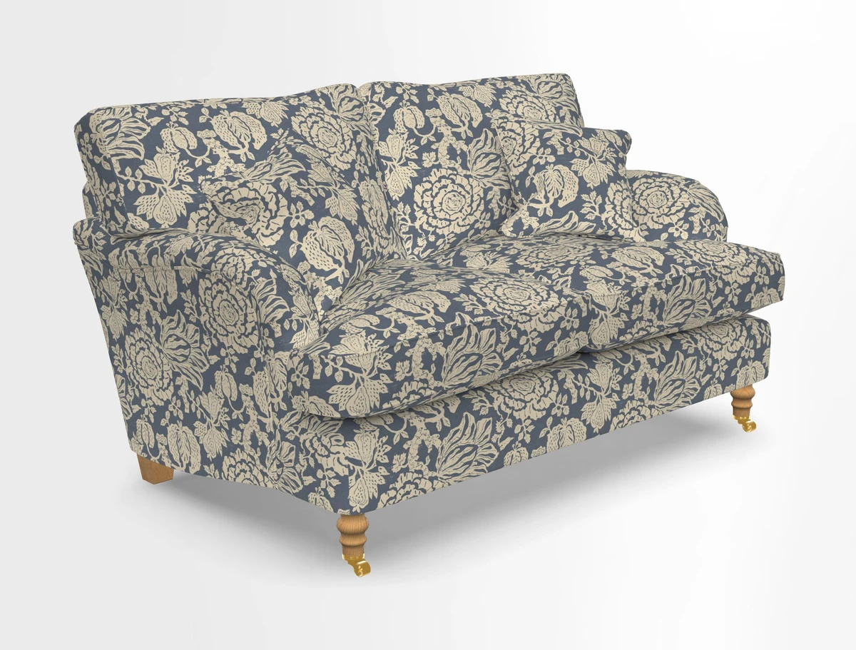 Alwinton 3 seater sofa in Ettas Stripe Moss with bolster cushion in Almost Plain Velvet Harvest
