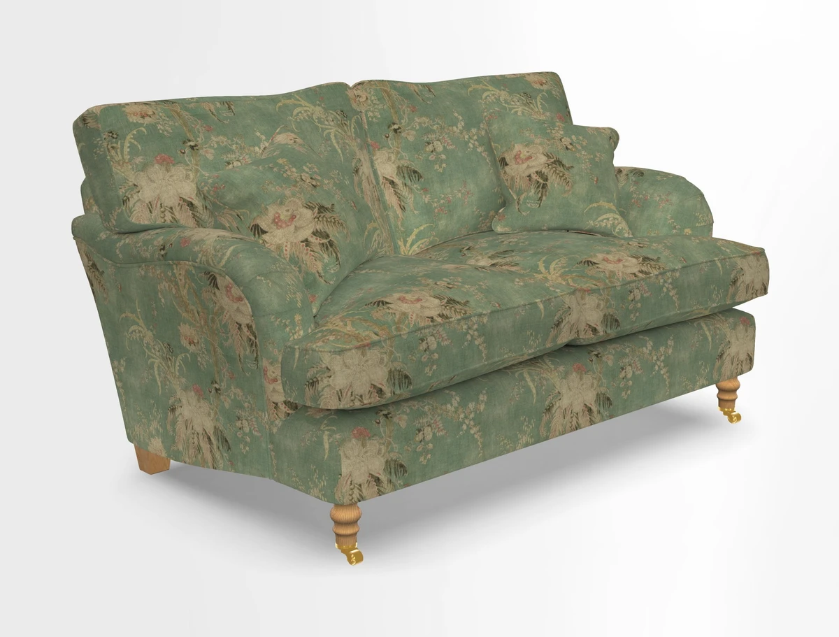 Alwinton 3 seater sofa in Ettas Stripe Moss with bolster cushion in Almost Plain Velvet Harvest